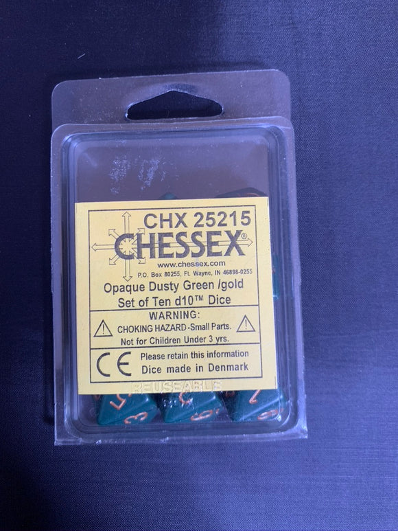 Chessex Dice Set - Opaque Dust Green/gold Set of Ten d10 Dice